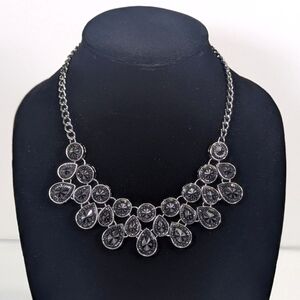 Jet Black Crystal Tiered Bib Necklace, Gunmetal Statement Collar